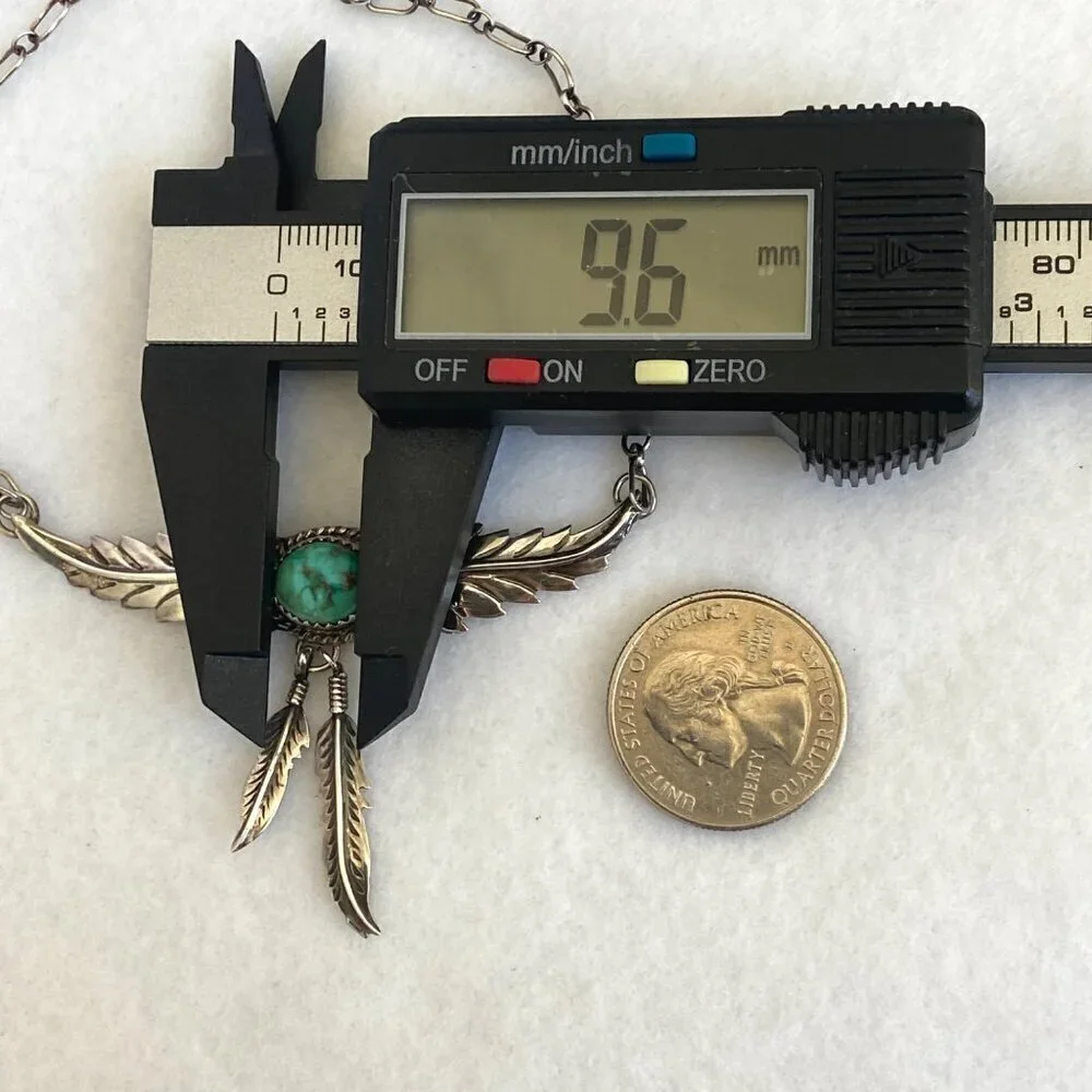 VTG Sterling Silver 925 H. Spencer Navajo Turquoise Leaf Feather Necklace 20.5